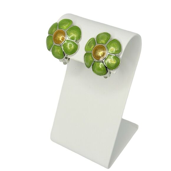 VTG Green Daisy Flower Button Clip On Earrrings 1" Silver Tone Spring Jewelry - Picture 7 of 11